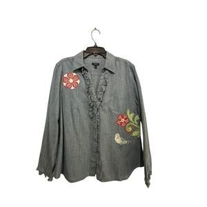 Talbots Blue Floral Embroidered handmade Button Down Chambray Shirt Size 14